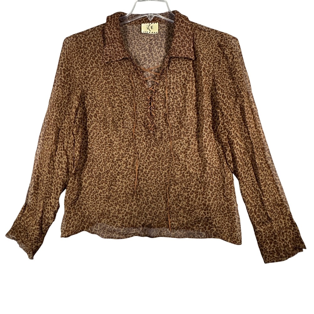 ICE Blouse Leopard Print Lace Up SheerTop Animal Print Y2K Vintage Womens Medium